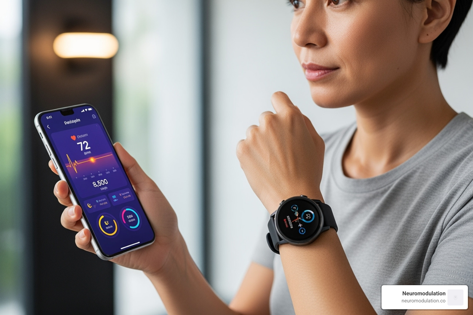 a person using a health-monitoring wearable device connected to a smartphone app - Innovative pain management