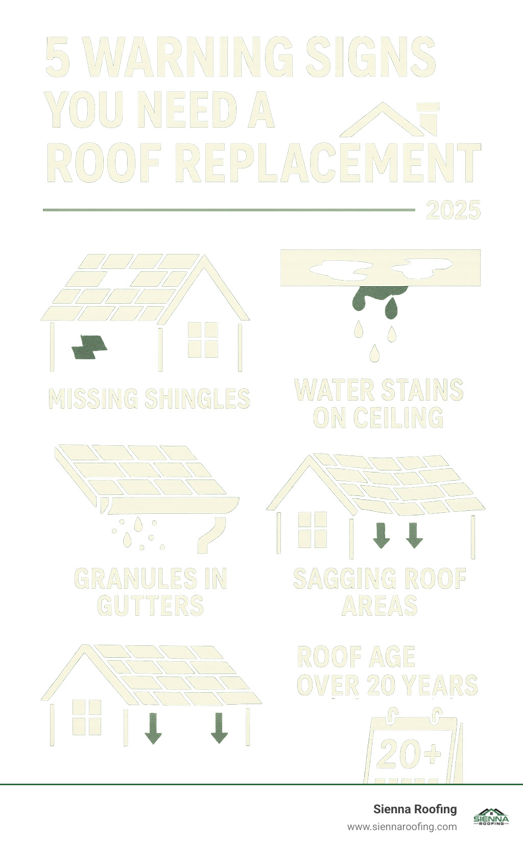 Infographic showing 5 key warning signs for roof replacement: missing shingles, water stains on ceiling, granules in gutters, sagging roof areas, and roof age over 20 years - roofing replacement near me infographic 