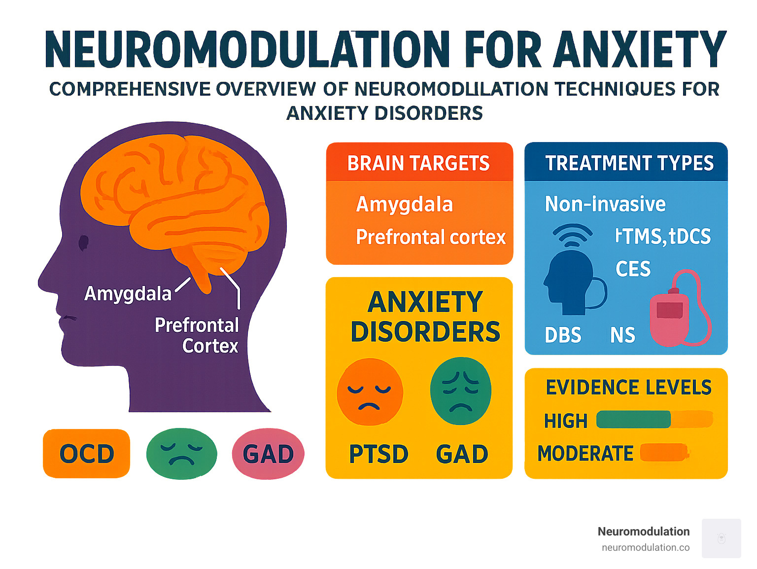 Comprehensive overview of neuromodulation techniques for anxiety disorders including brain targets, treatment types, and evidence levels for conditions like OCD, PTSD, and GAD - neuromodulation for anxiety infographic 