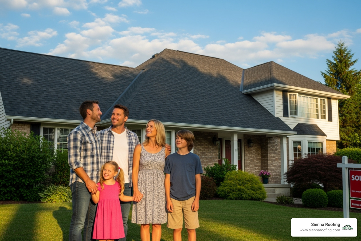 happy family looking at restored roof - roof restoration near me