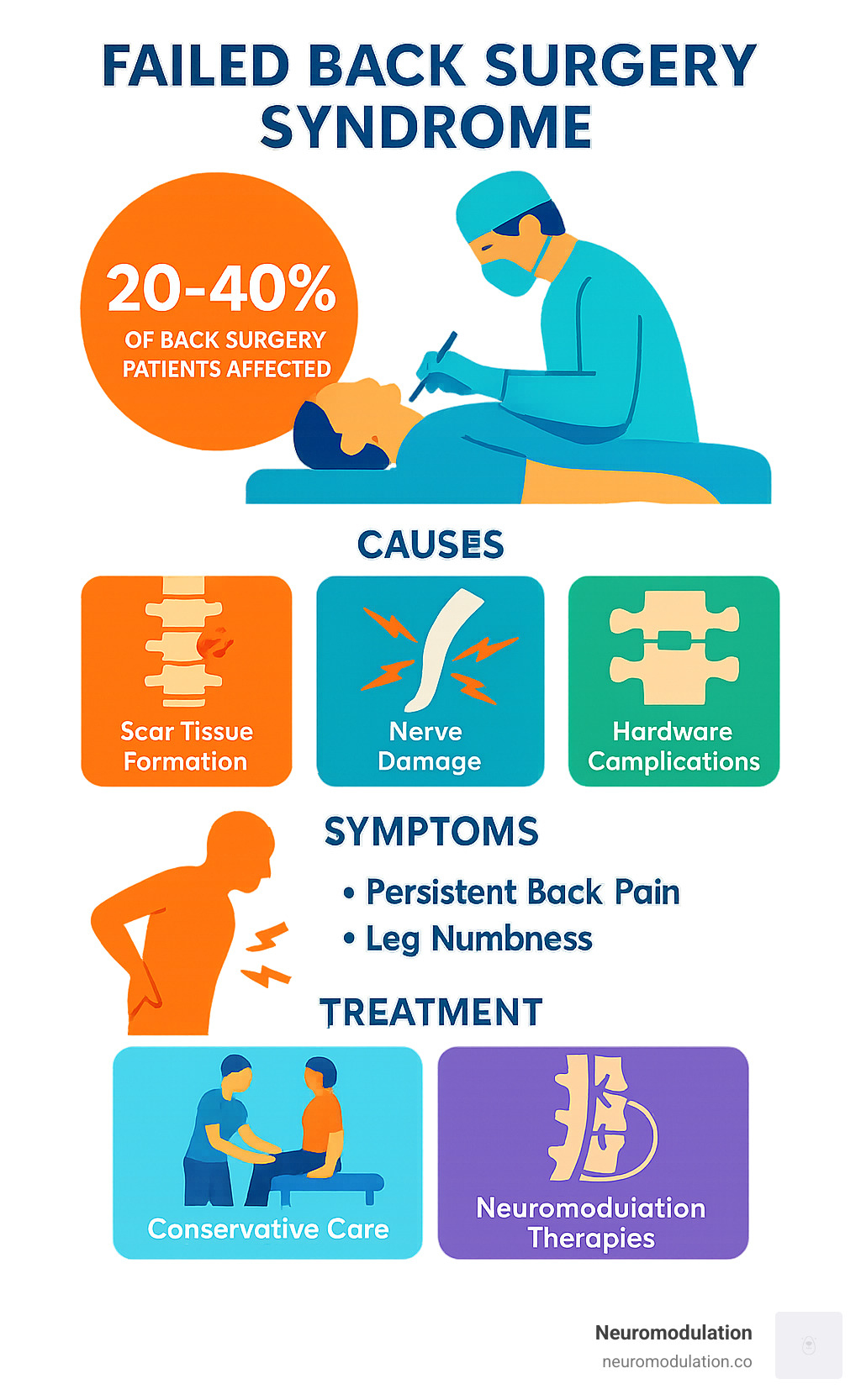 Comprehensive overview of Failed Back Surgery Syndrome showing statistics: 20-40% of back surgery patients affected, main causes including scar tissue formation, nerve damage, and hardware complications, symptoms ranging from persistent back pain to leg numbness, and treatment options from conservative care to advanced neuromodulation therapies - failed back surgery infographic 