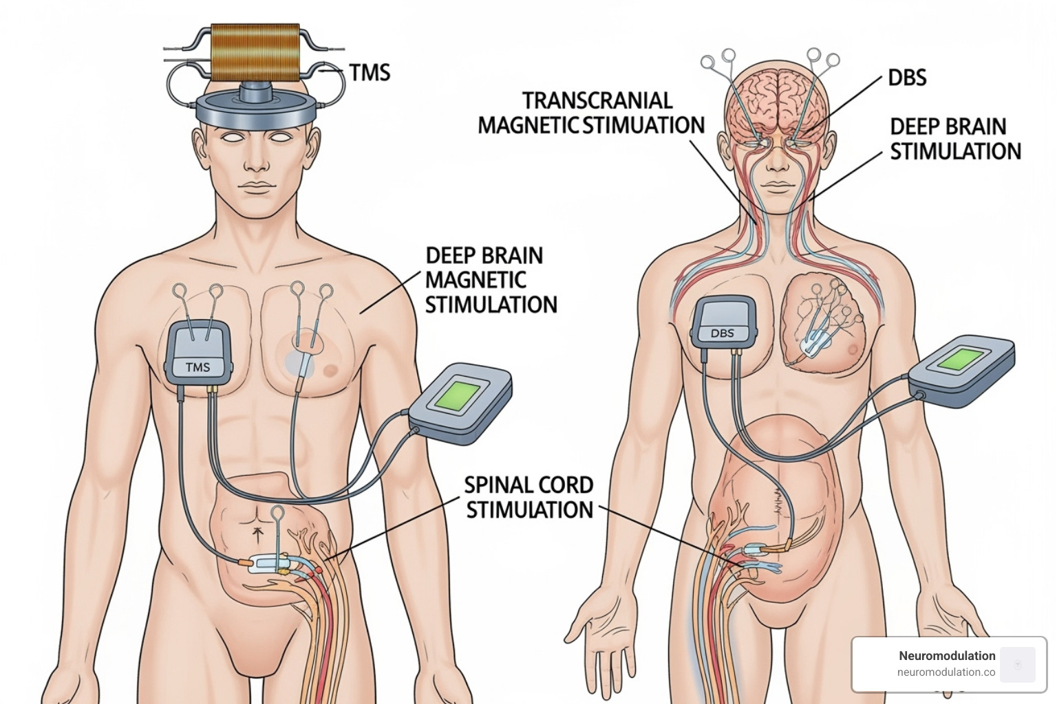 Illustration showing different neuromodulation techniques (e.g., Deep Brain Stimulation, Spinal Cord Stimulation, Transcranial Magnetic Stimulation) - neuromodulation clinical trials