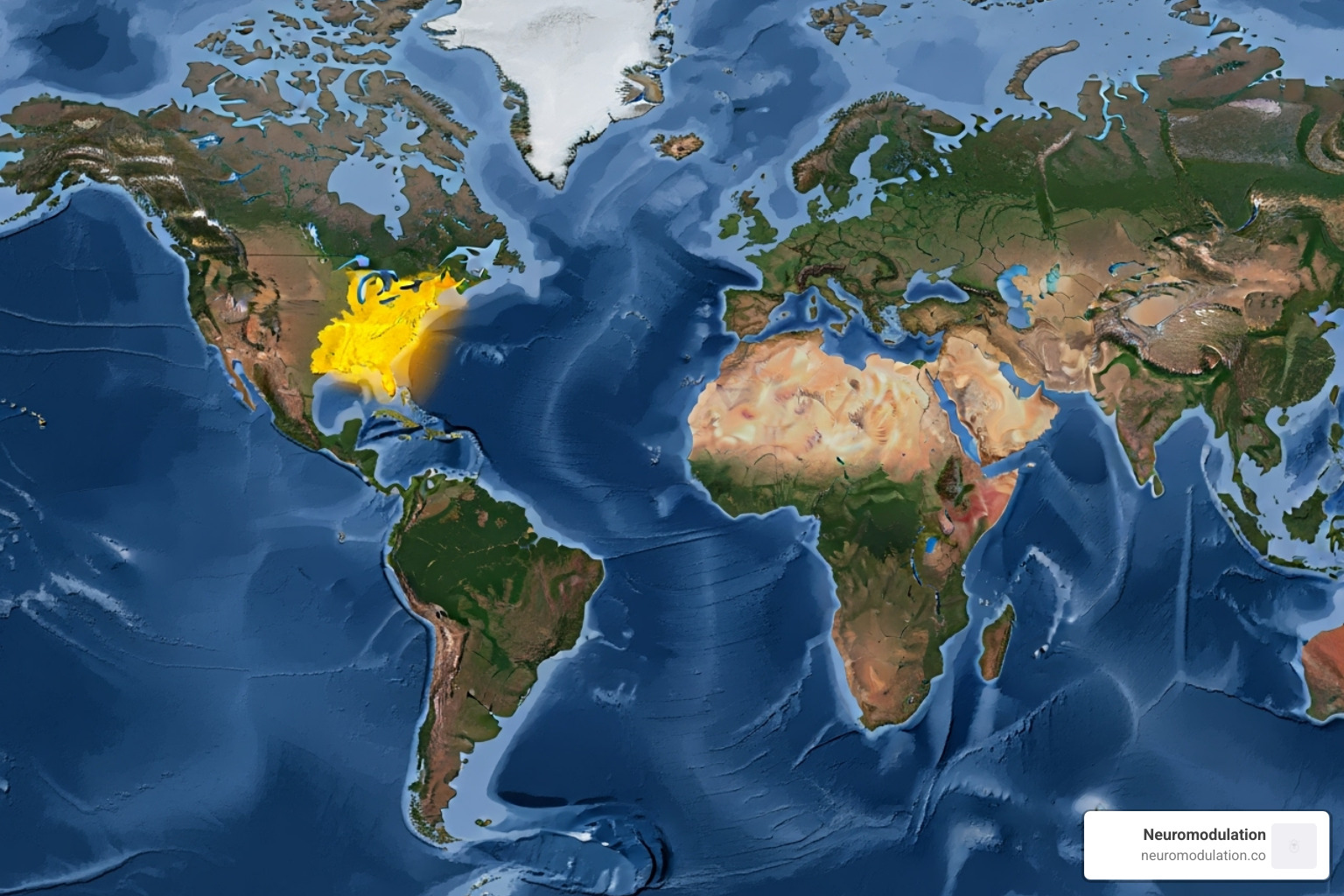 World map highlighting key research countries like the USA, Brazil, and European nations - neuromodulation clinical trials