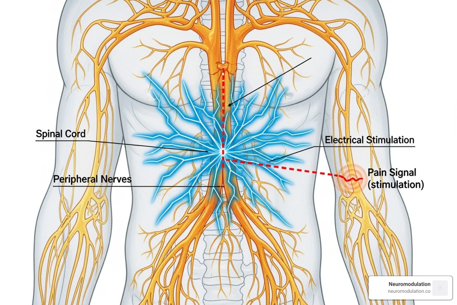 illustration of nerve pathways and how electrical stimulation interrupts pain signals - nerve stimulation therapy illustration of nerve pathways and how electrical stimulation interrupts pain signals - nerve stimulation therapy