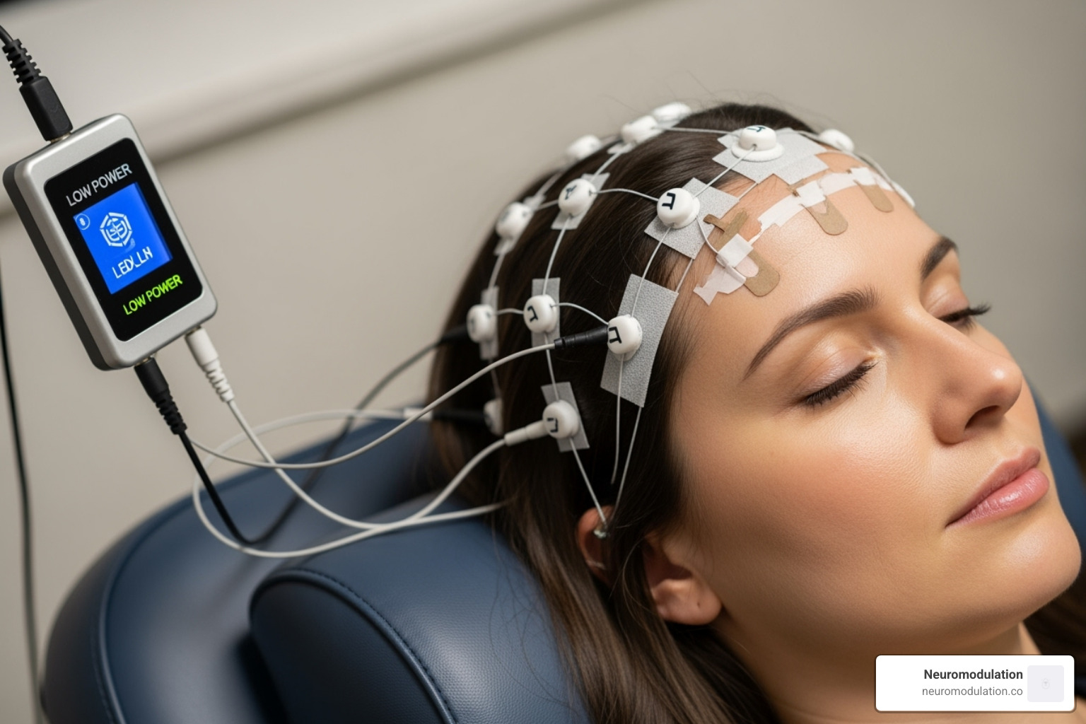 A patient receiving tDCS treatment, with electrodes placed on the head - neuromodulation clinical trials