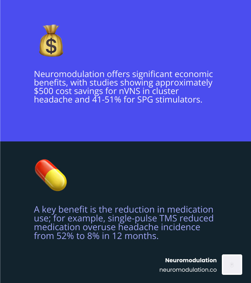 Infographic showing the economic and quality of life benefits of neuromodulation for chronic pain management - neuromodulation for headache infographic 2_facts_emoji_blue