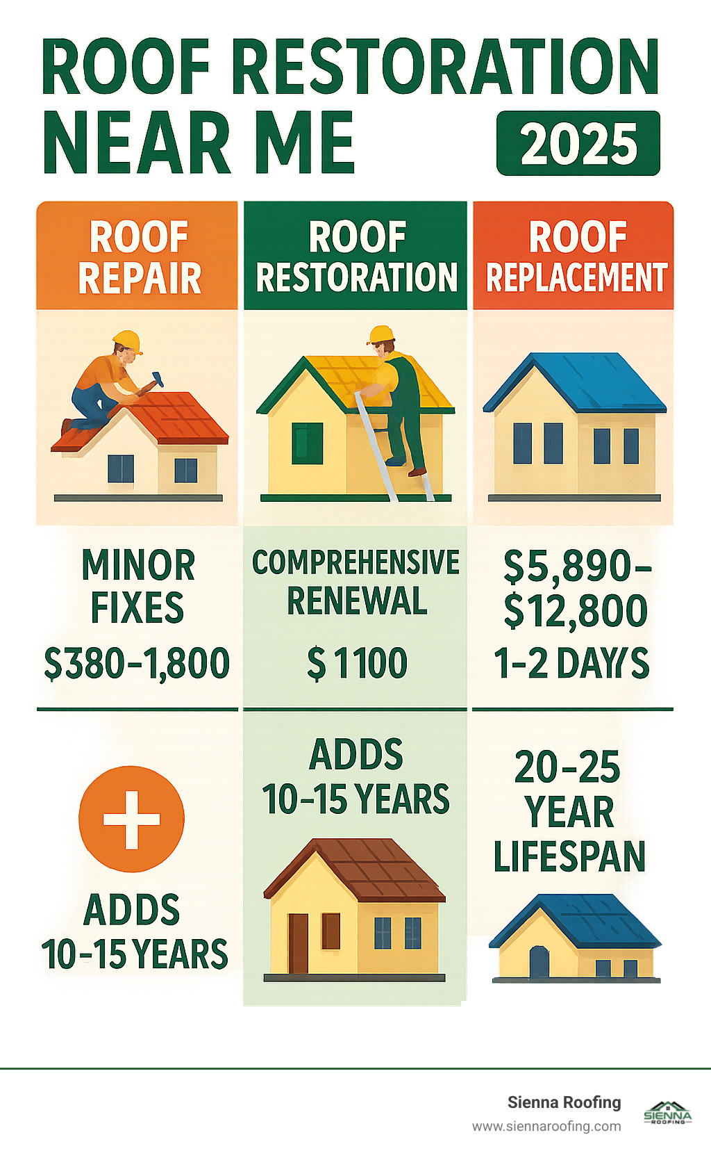 Infographic showing the comparison between roof repair (minor fixes, $380-1800, 1-2 days), roof restoration (comprehensive renewal, $1100 average, 2-4 days, adds 10-15 years), and roof replacement (complete tear-off, $5890-12800, 1-2 weeks, 20-25 year lifespan) - roof restoration near me infographic 