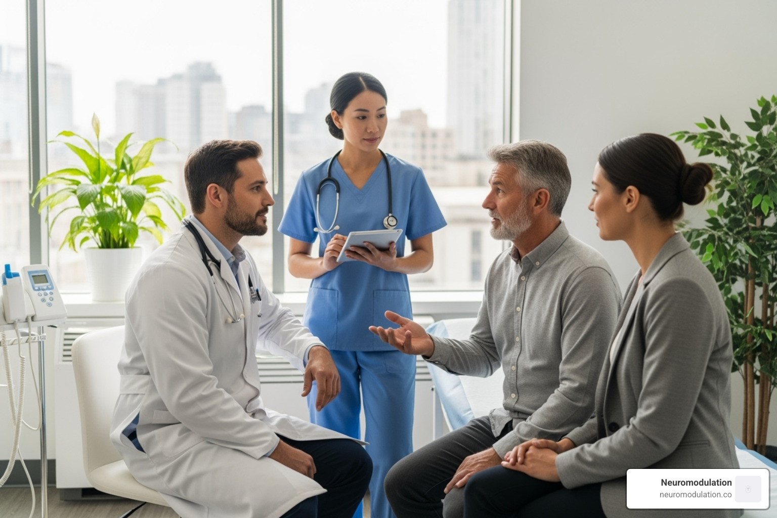 Image of a diverse, compassionate healthcare team consulting with a patient - Chronic pain management