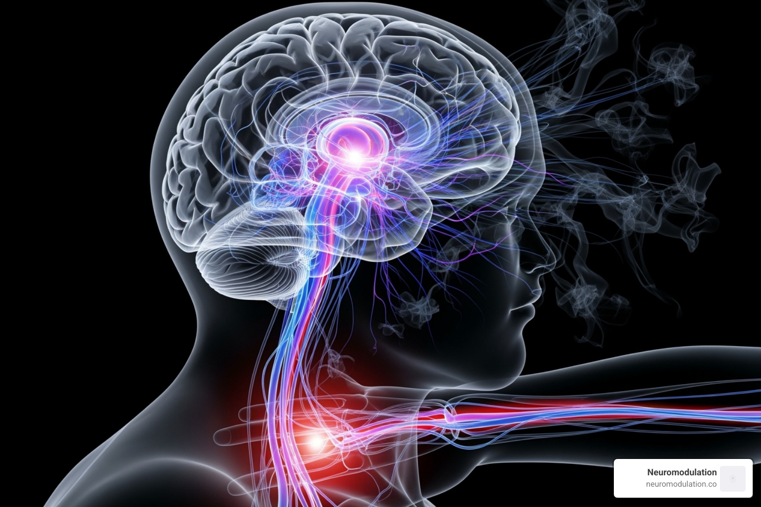 Image illustrating the brain-pain connection with pathways between the brain regions, spinal cord, and areas of pain, highlighting how psychological factors influence pain perception - Chronic pain management