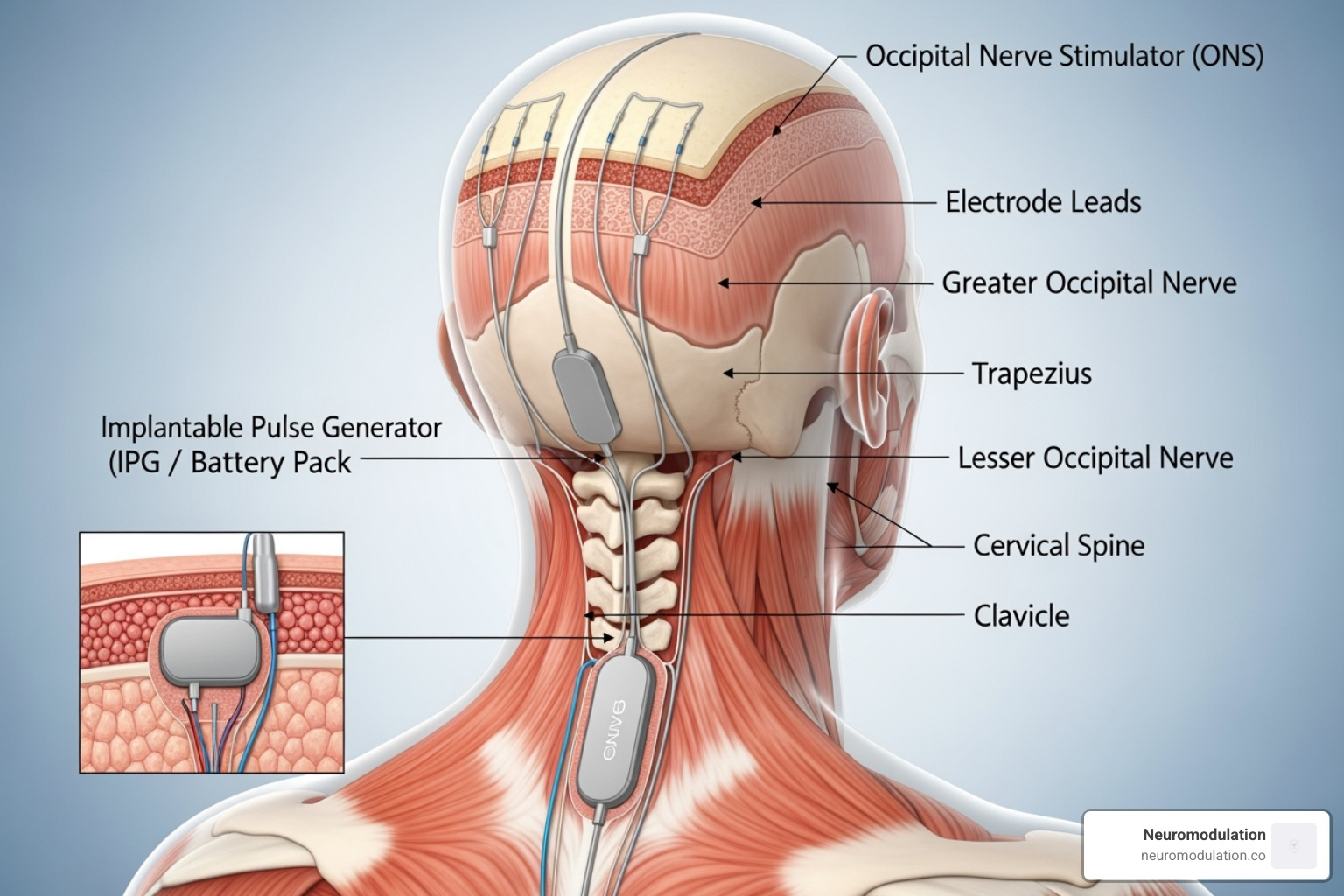 Diagram showing the placement for an implanted occipital nerve stimulator - neuromodulation for headache