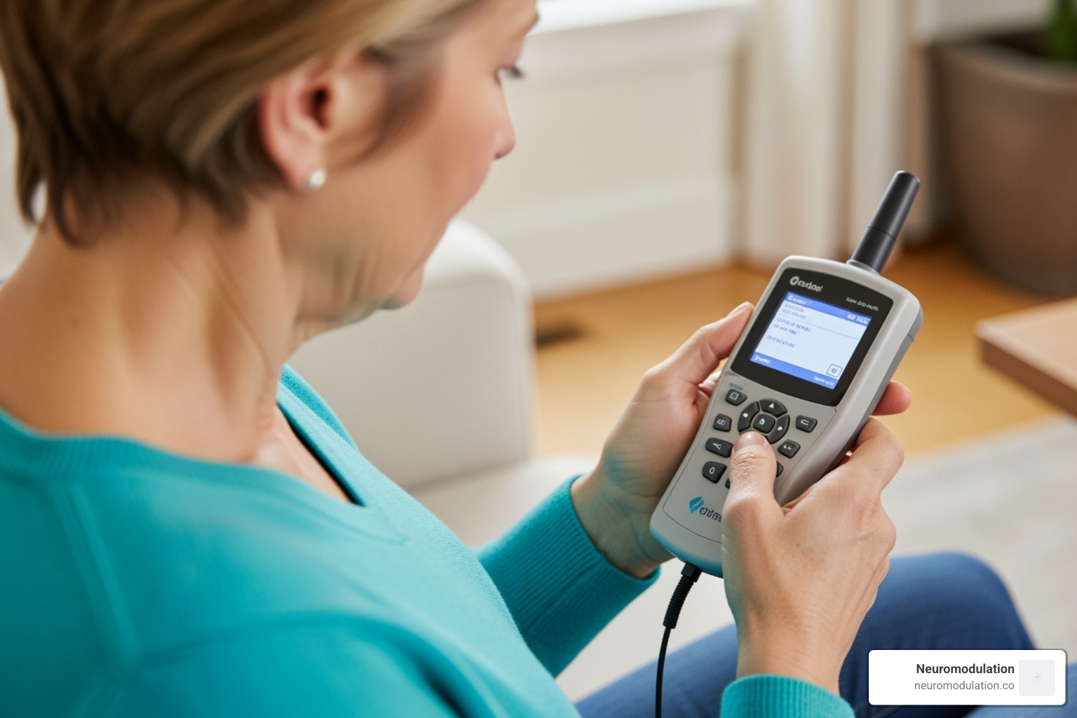 a patient using their DBS remote programmer - deep brain stimulation surgery