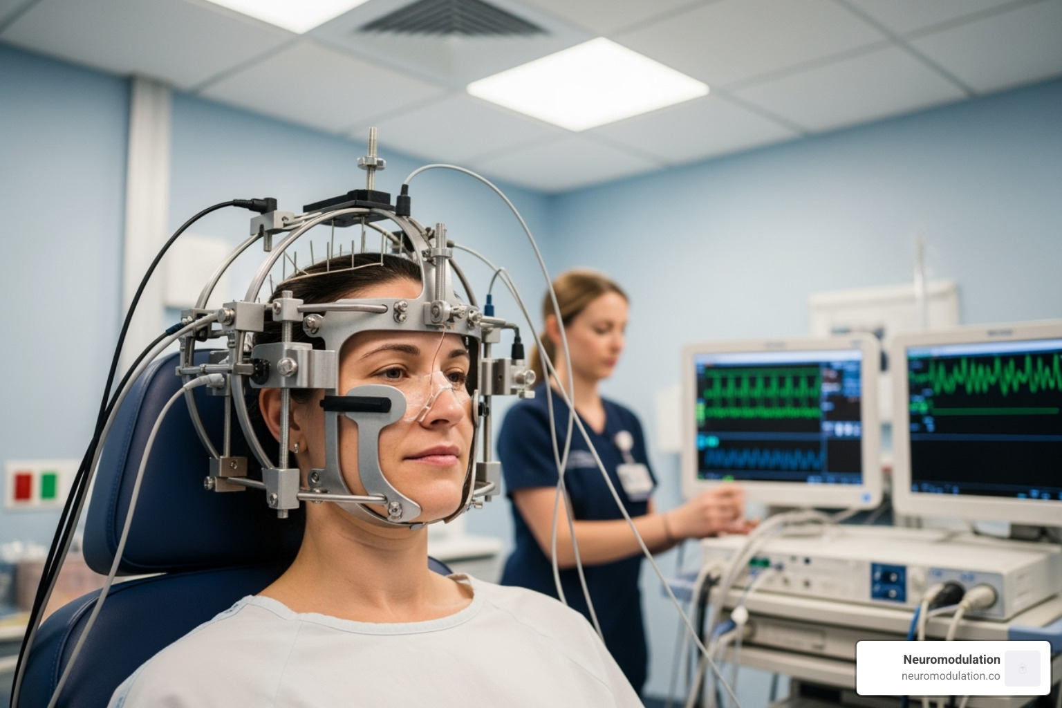a patient with a stereotactic head frame - deep brain stimulation surgery