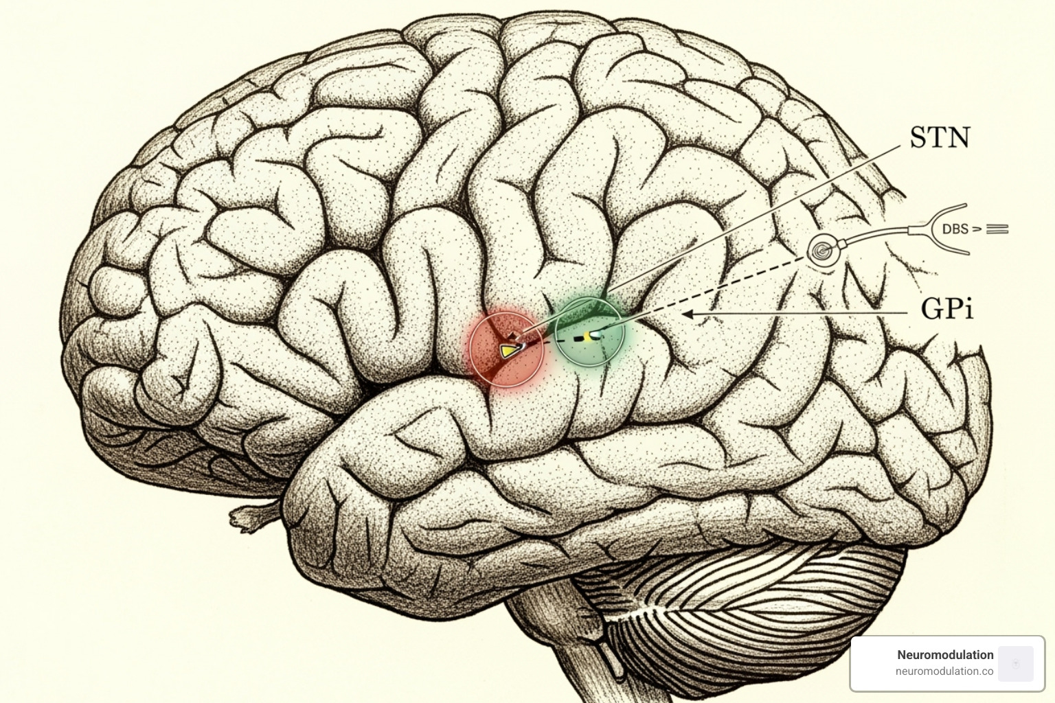 illustrating the target areas in the brain for DBS - deep brain stimulation surgery