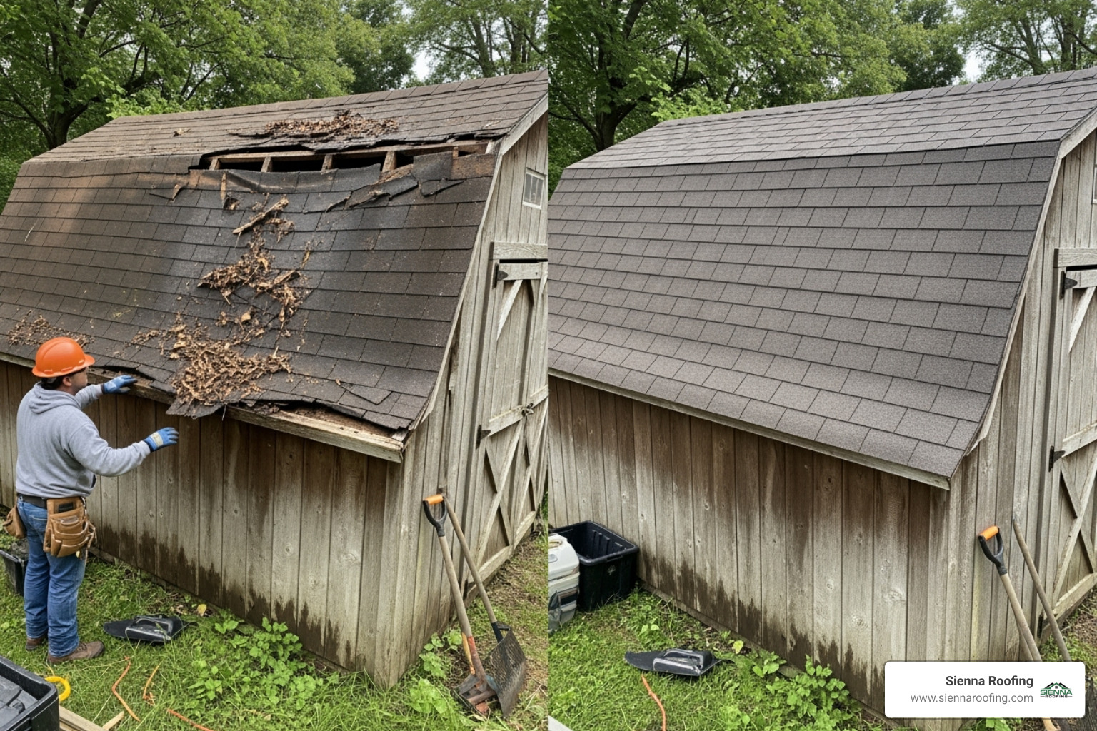person inspecting shed roof vs. fully replaced roof - shed roof replacement near me