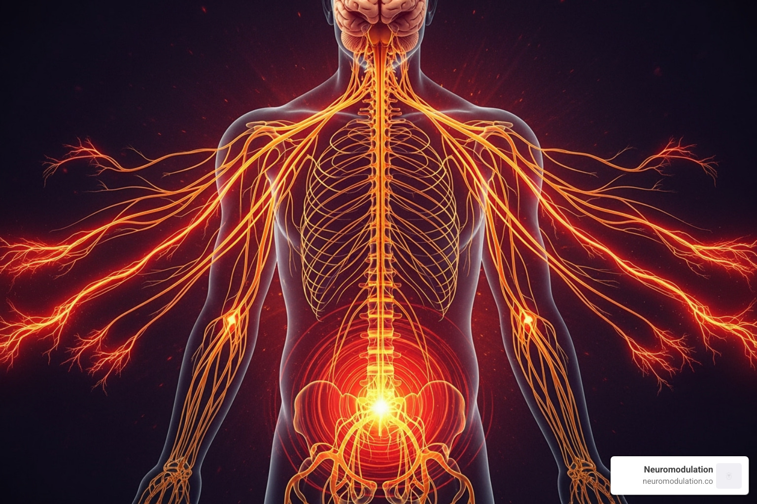 Illustration of an over-sensitized nervous system in fibromyalgia, with amplified pain signals - neuromodulation for fibromyalgia