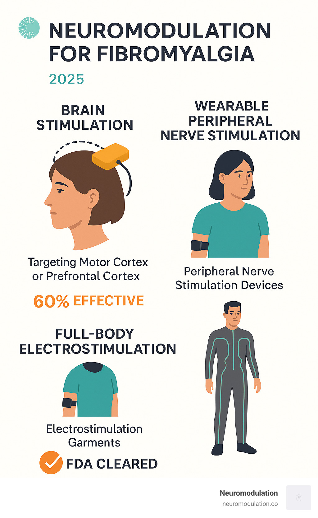 Comprehensive overview of neuromodulation approaches for fibromyalgia including brain stimulation techniques targeting motor cortex and prefrontal cortex, wearable peripheral nerve stimulation devices, and full-body electrostimulation garments, showing effectiveness rates and FDA approval status - neuromodulation for fibromyalgia infographic 