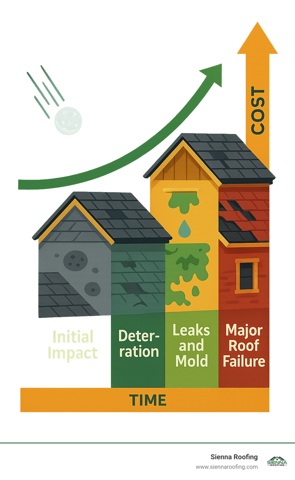 Infographic showing the progression of hail damage from initial impact to major roof failure, including timeline of deterioration and cost implications - how to tell if roof needs repair from hail damage infographic 