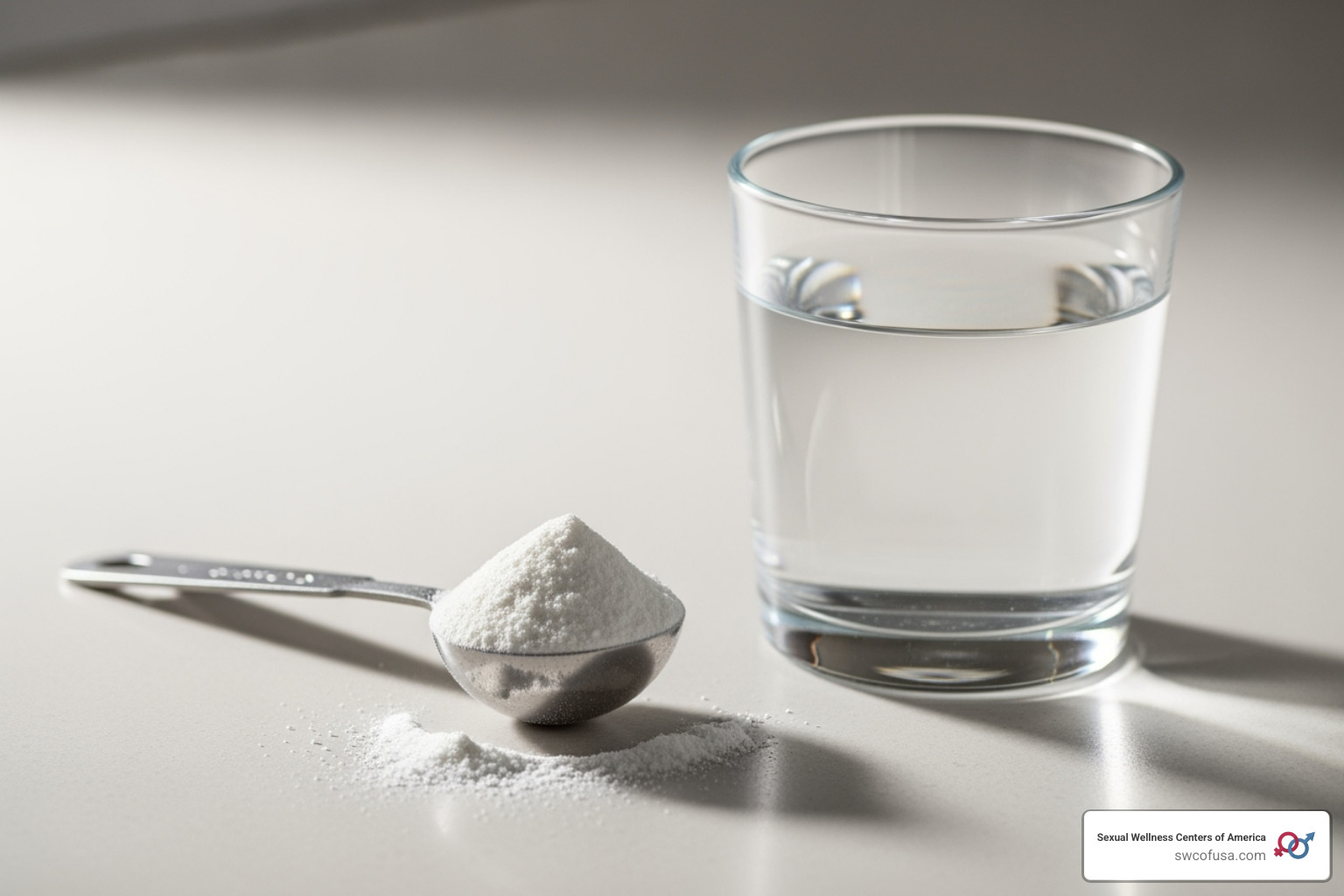 Scoop of collagen peptide powder next to a glass of water - peptide supplements for weight loss Scoop of collagen peptide powder next to a glass of water - peptide supplements for weight loss