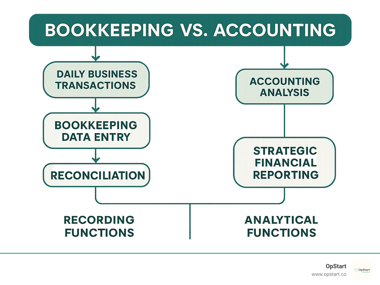Detailed comparison infographic showing the flow from daily business transactions through bookkeeping data entry and reconciliation to accounting analysis and strategic financial reporting, with clear distinctions between recording functions versus analytical functions - bookkeeping accounting firm infographic 