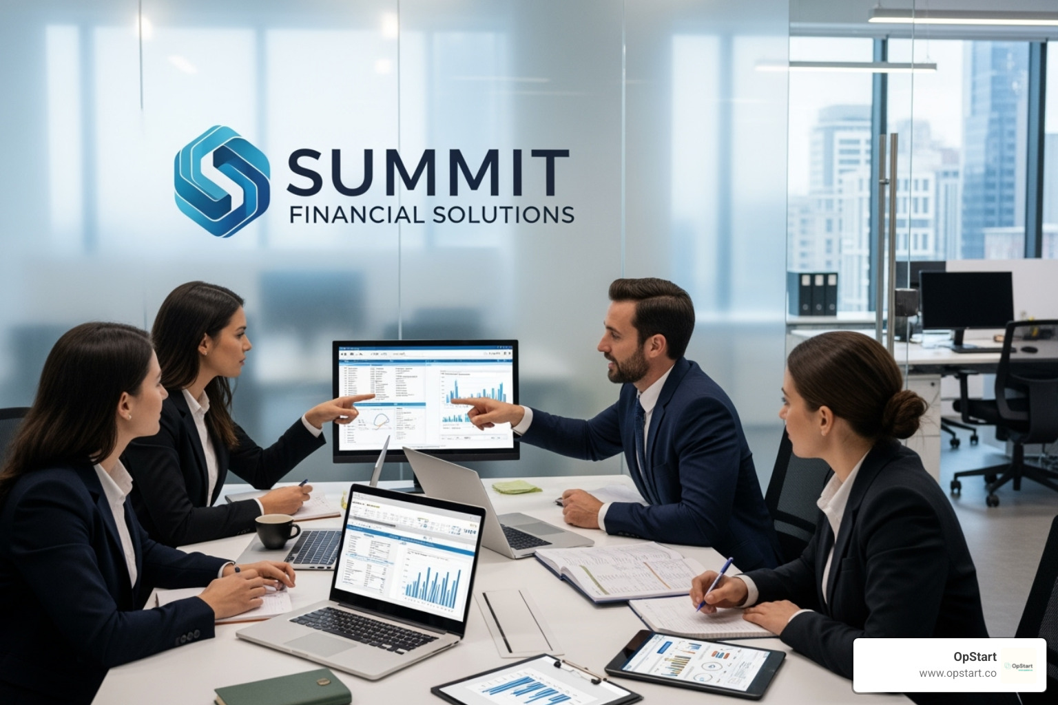 A startup team in a meeting, looking at a screen with financial projections, discussing growth strategies - bookkeeping accounting firm