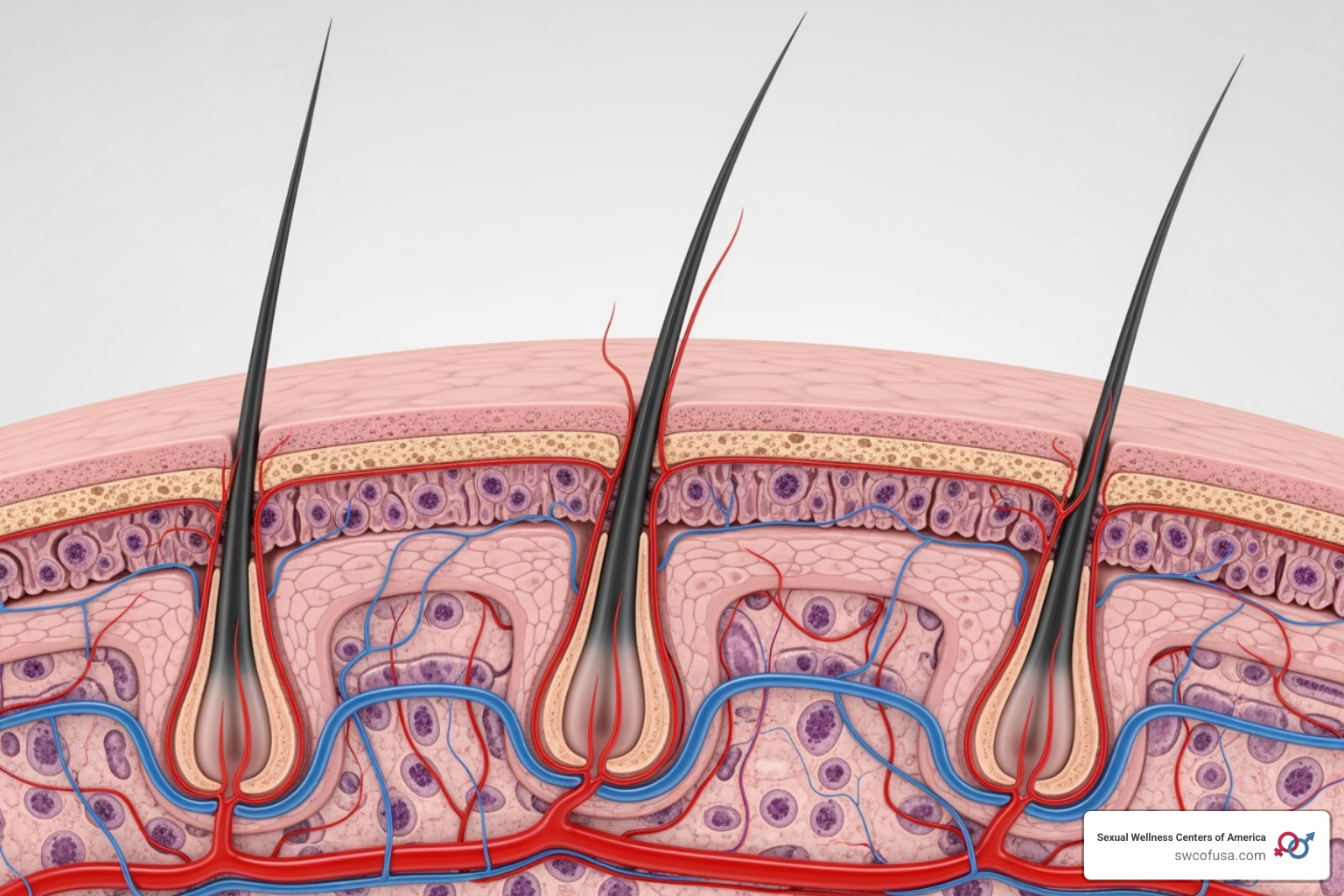 A cross-section of a human scalp showing healthy hair follicles with rich blood supply - peptides for hair growth A cross-section of a human scalp showing healthy hair follicles with rich blood supply - peptides for hair growth