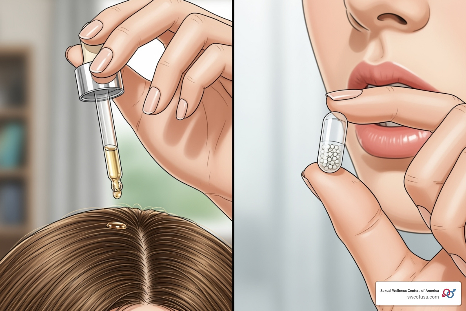 An illustration showing a hand applying a serum dropper to a scalp and a person taking an oral capsule, representing different application methods - peptides for hair growth An illustration showing a hand applying a serum dropper to a scalp and a person taking an oral capsule, representing different application methods - peptides for hair growth