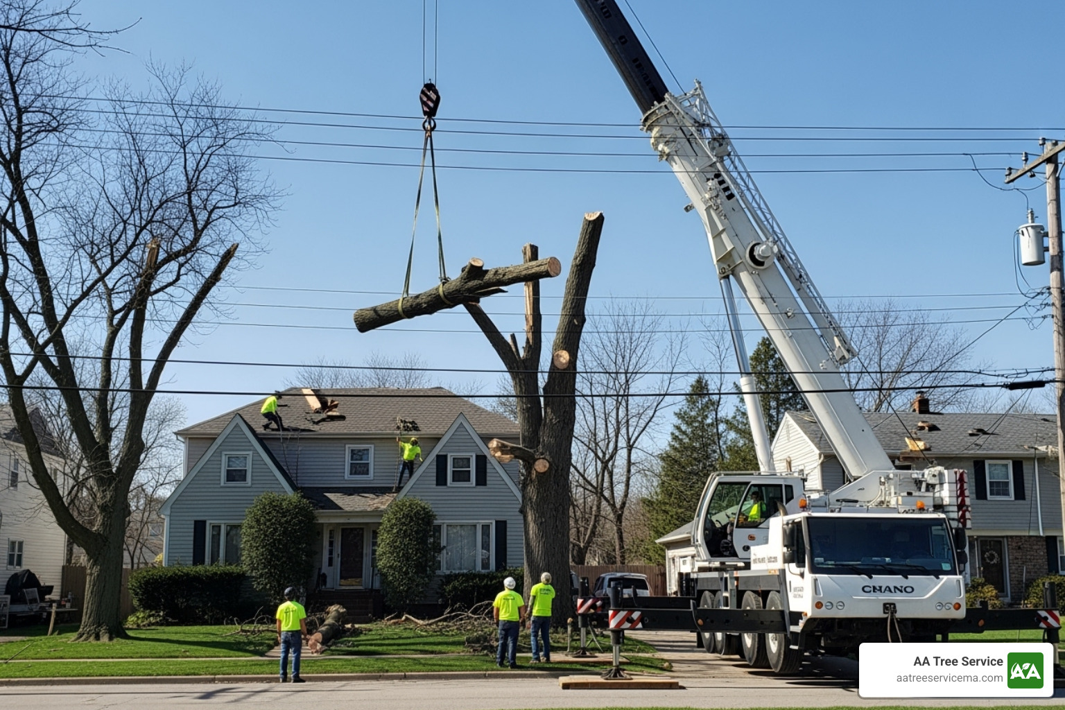 professional tree service crew using a crane to remove a large tree from a house - tree removal after storm professional tree service crew using a crane to remove a large tree from a house - tree removal after storm