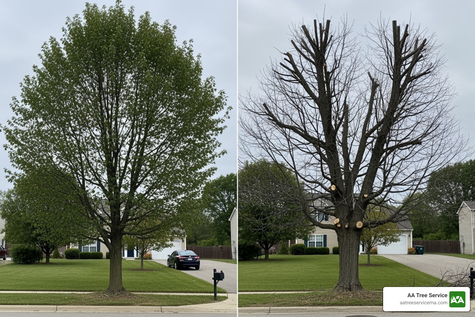 Properly reduced tree next to a topped tree - tree crown reduction cost Properly reduced tree next to a topped tree - tree crown reduction cost