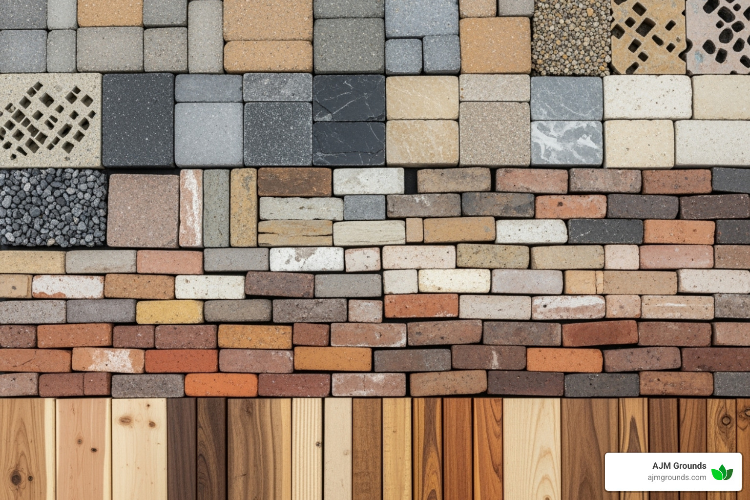 material palette showcasing different types of pavers, natural stone, brick, and wood samples - Hardscaper