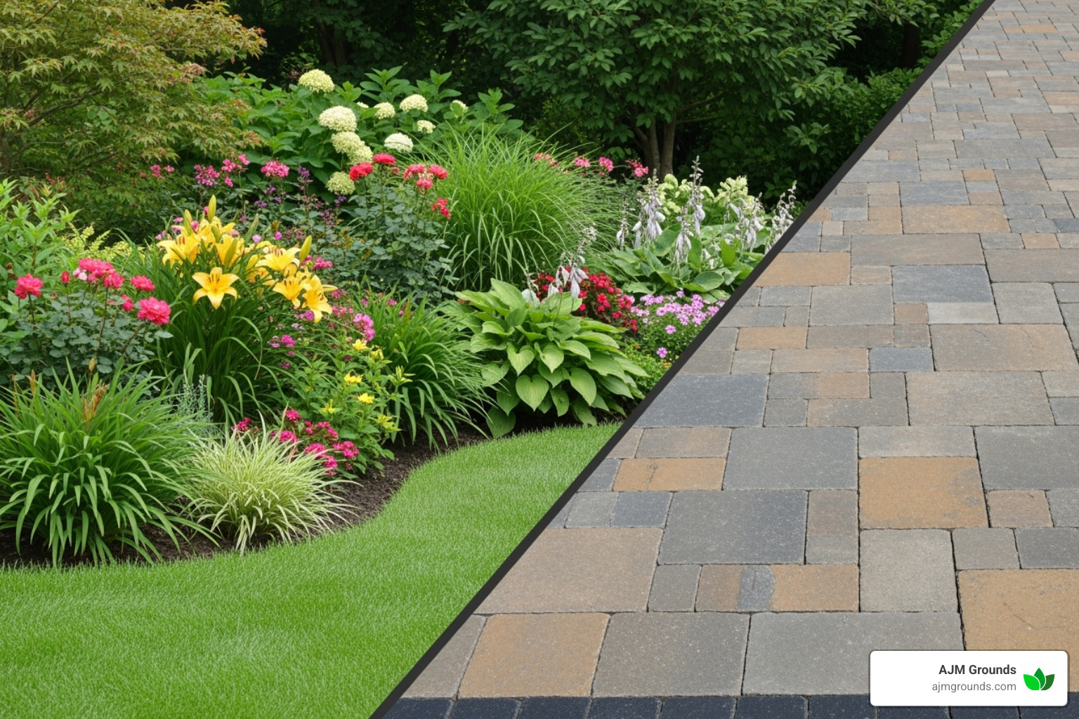 split-screen showing a lush garden on one side (softscape) and a structured stone walkway on the other (hardscape) - Hardscaper
