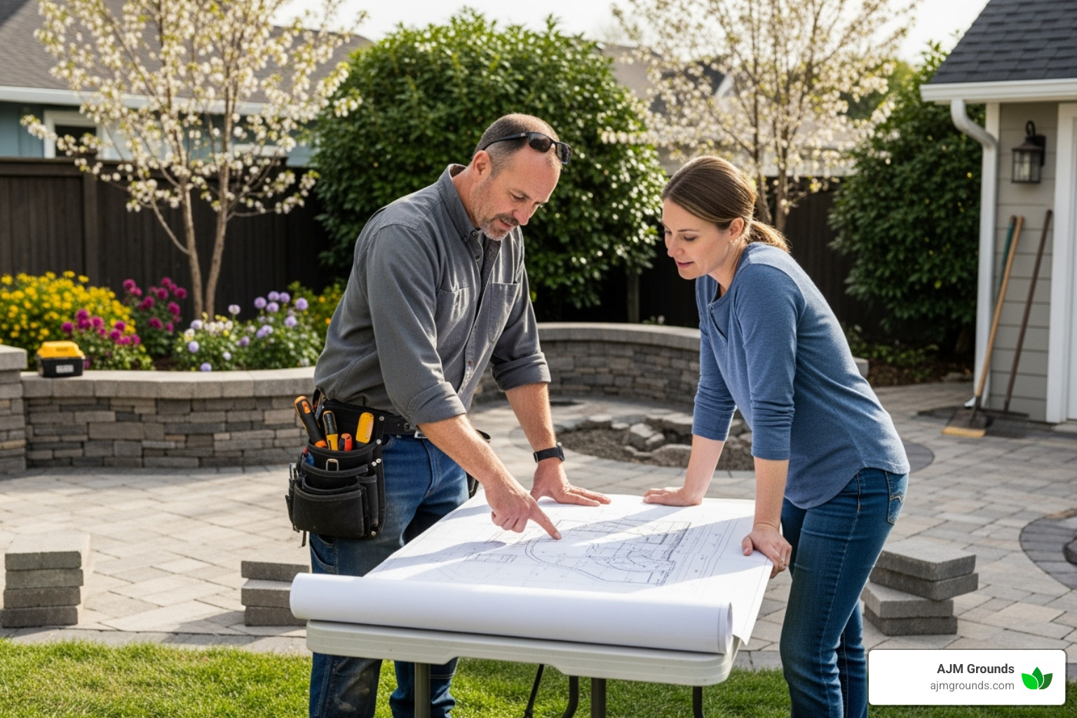 hardscape contractor reviewing blueprints with a homeowner in their yard - Hardscaper