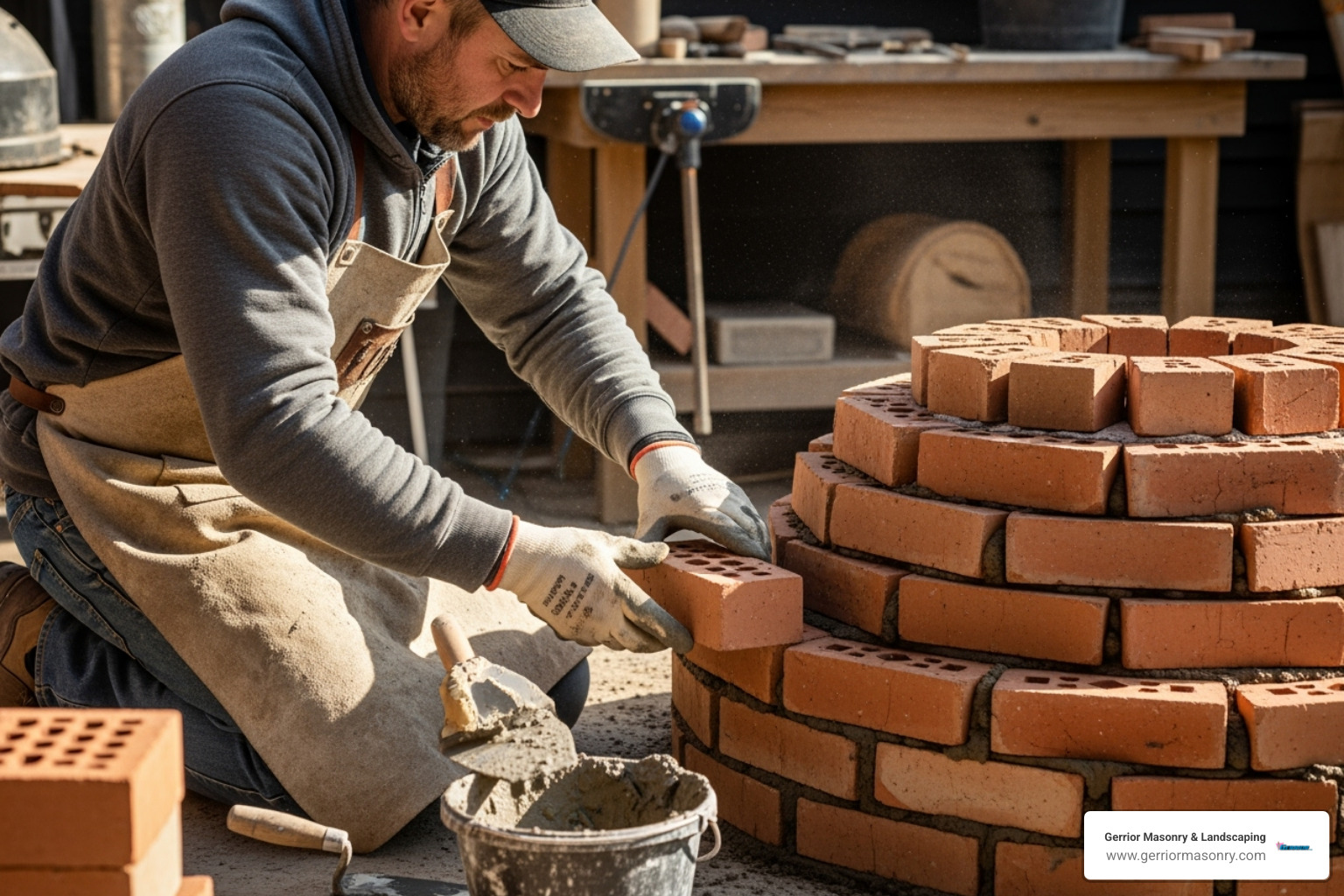 a mason working on a brick pizza oven - heat resistant cement
