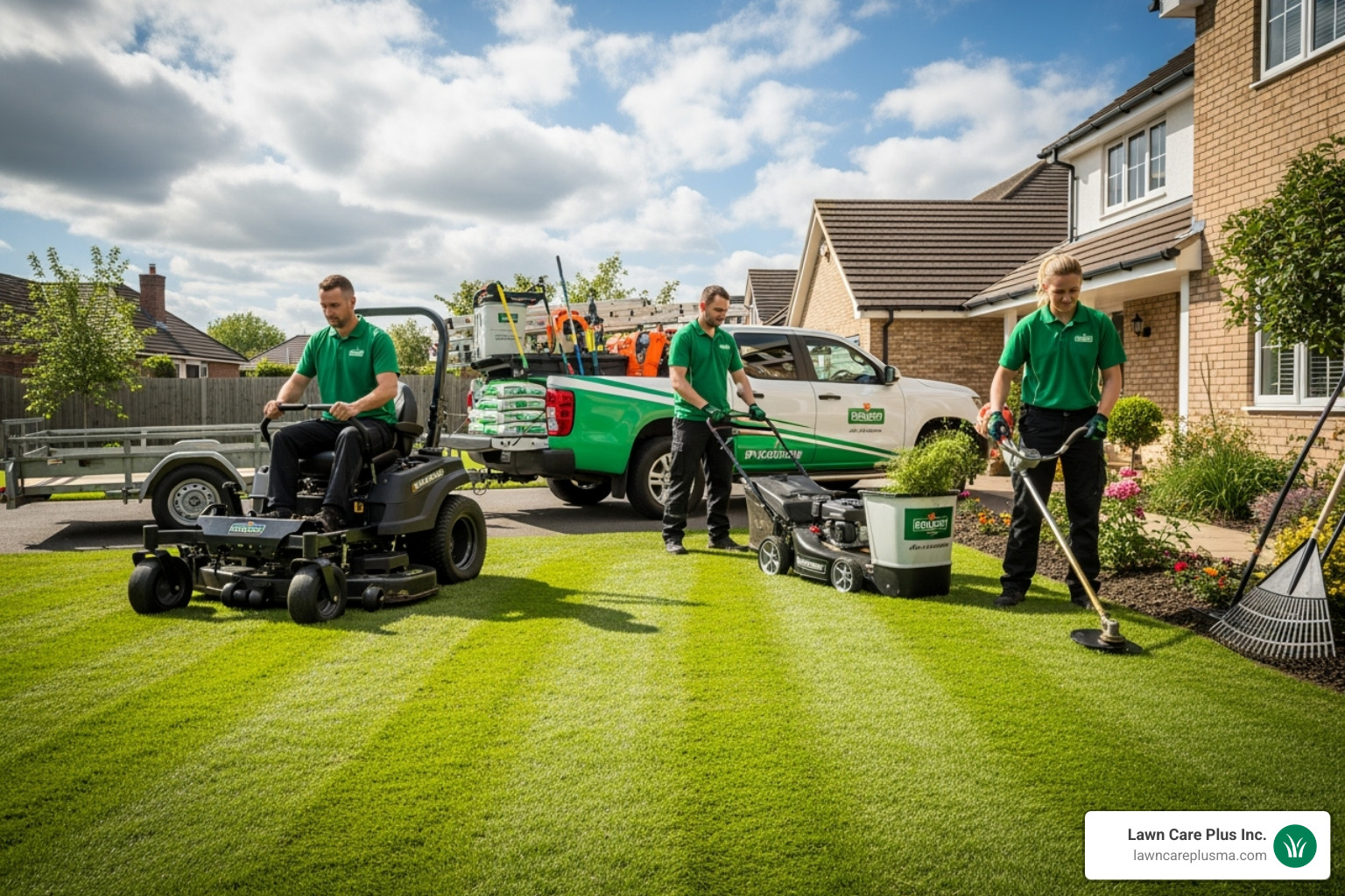 professional lawn care team with a branded truck and clean, modern equipment - lawn mowing service