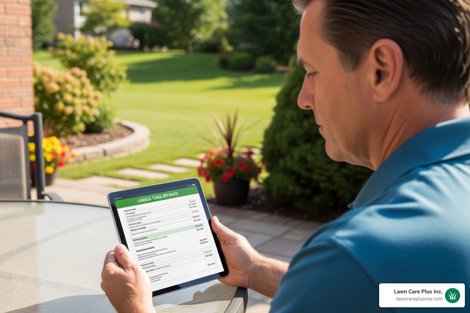 homeowner reviewing a lawn care estimate on a tablet - lawn mowing service