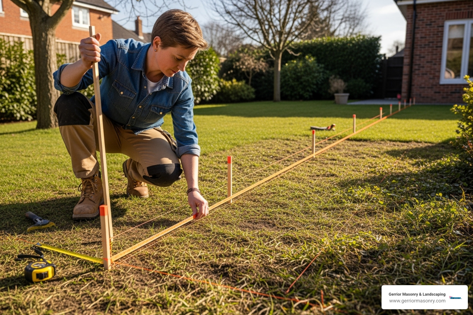A person using stakes and a mason line to mark out the precise path for a new garden wall, ensuring straight lines and accurate dimensions before excavation begins - stone garden wall construction