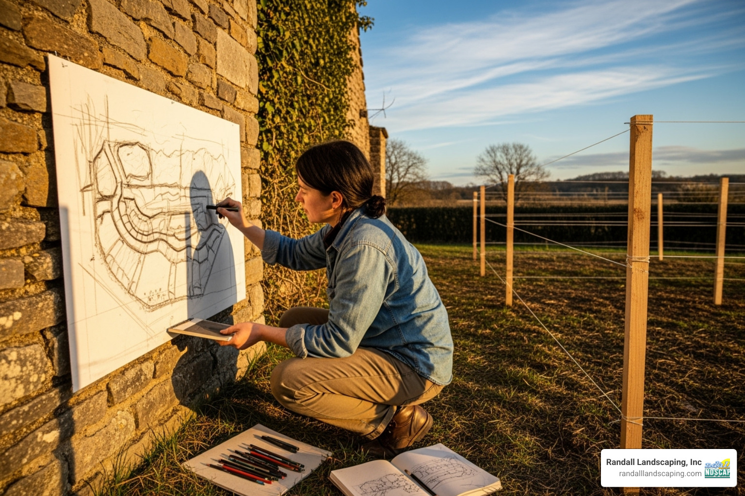 person sketching a landscape wall design with stakes and string in the background - landscape wall construction