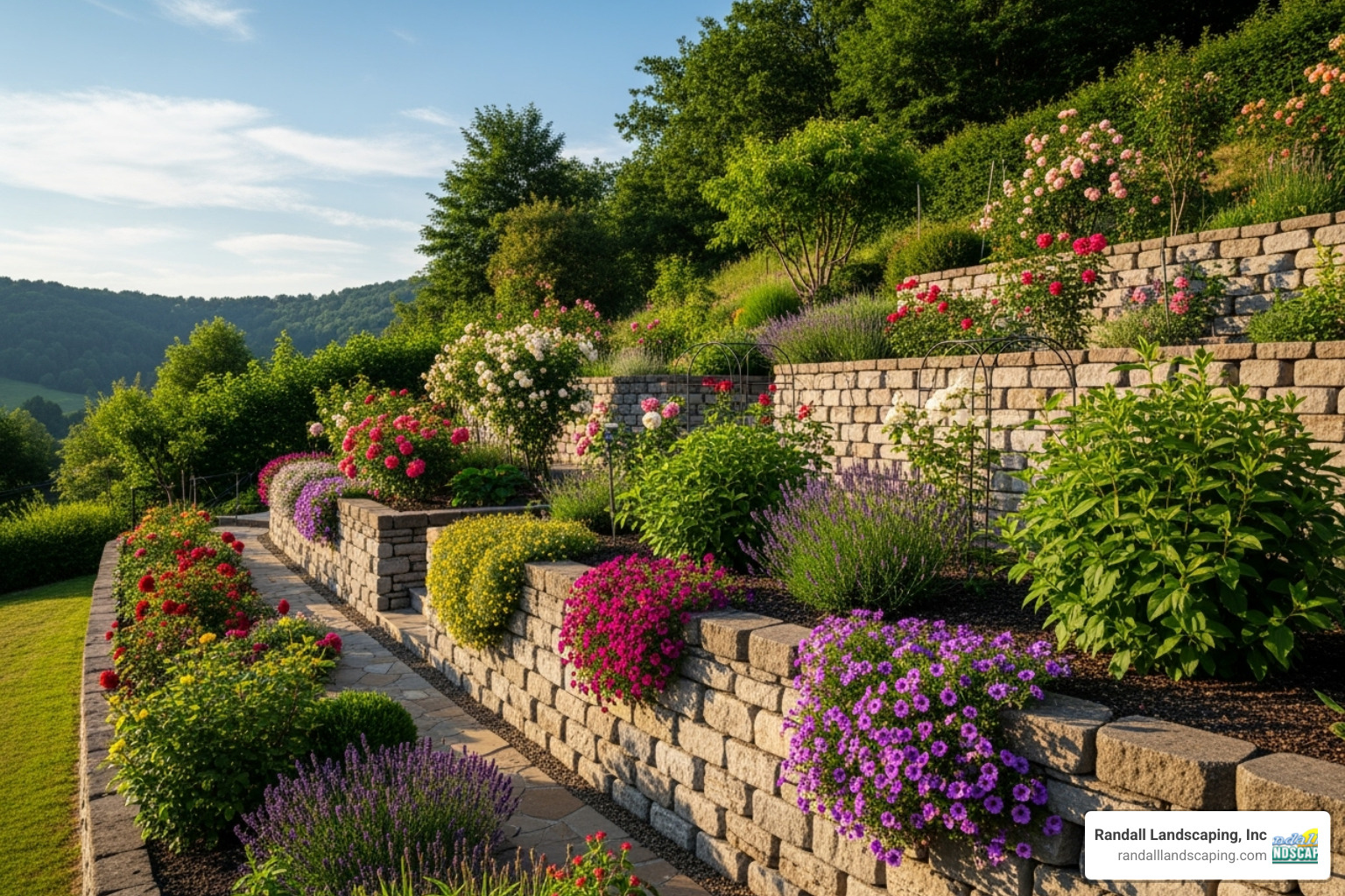 tiered retaining wall creating a terraced garden on a slope - landscape wall construction