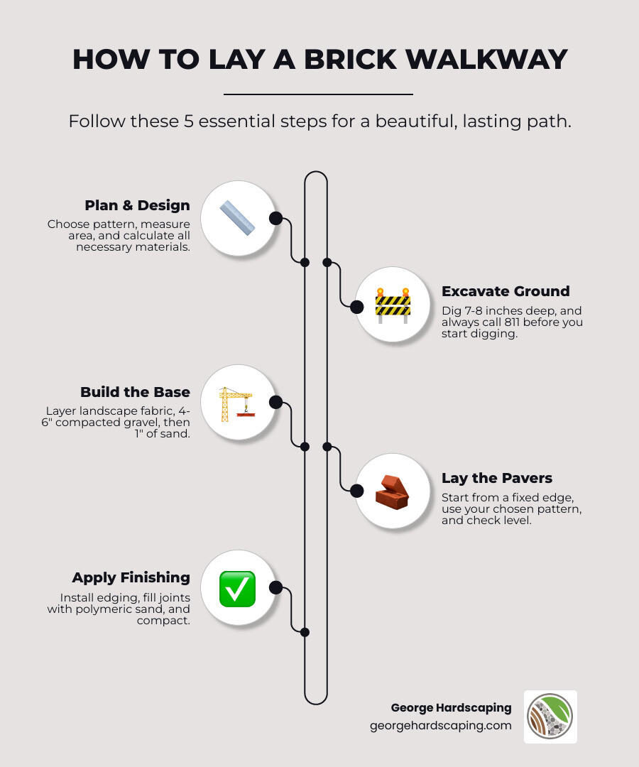 A detailed cross-section diagram showing the proper layers for a durable brick walkway: compacted soil, landscape fabric, a thick gravel base, a sand setting bed, and the final brick pavers with edge restraints. - lay brick walkway infographic
