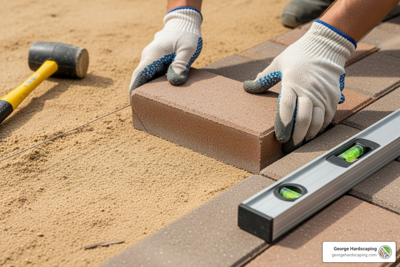 Hands carefully placing a brick paver into a sand bed, with a rubber mallet and level nearby. - lay brick walkway