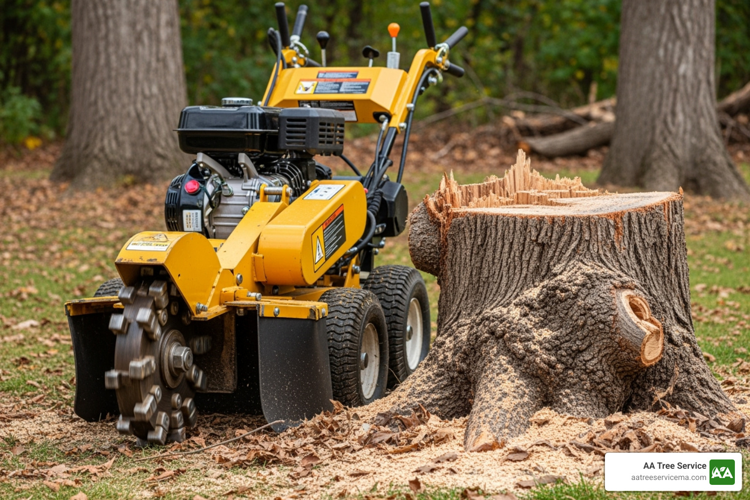 A walk-behind stump grinder next to a large stump - old stump removal
