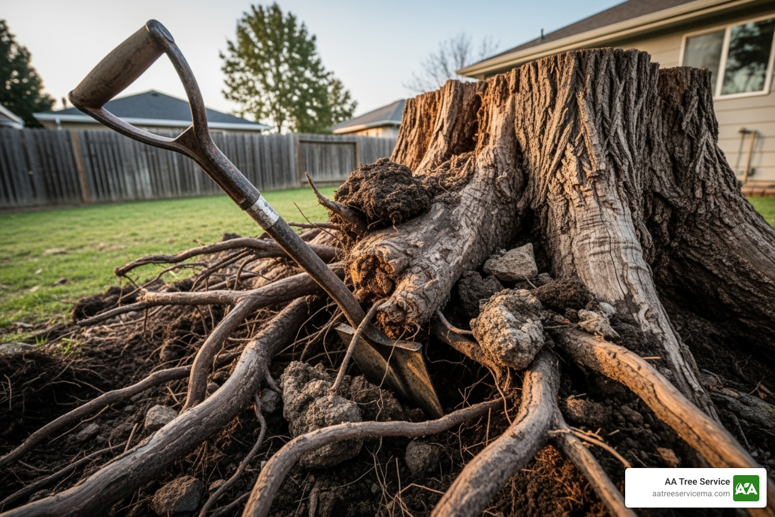 A person using a digging bar to pry at a stump's roots - old stump removal