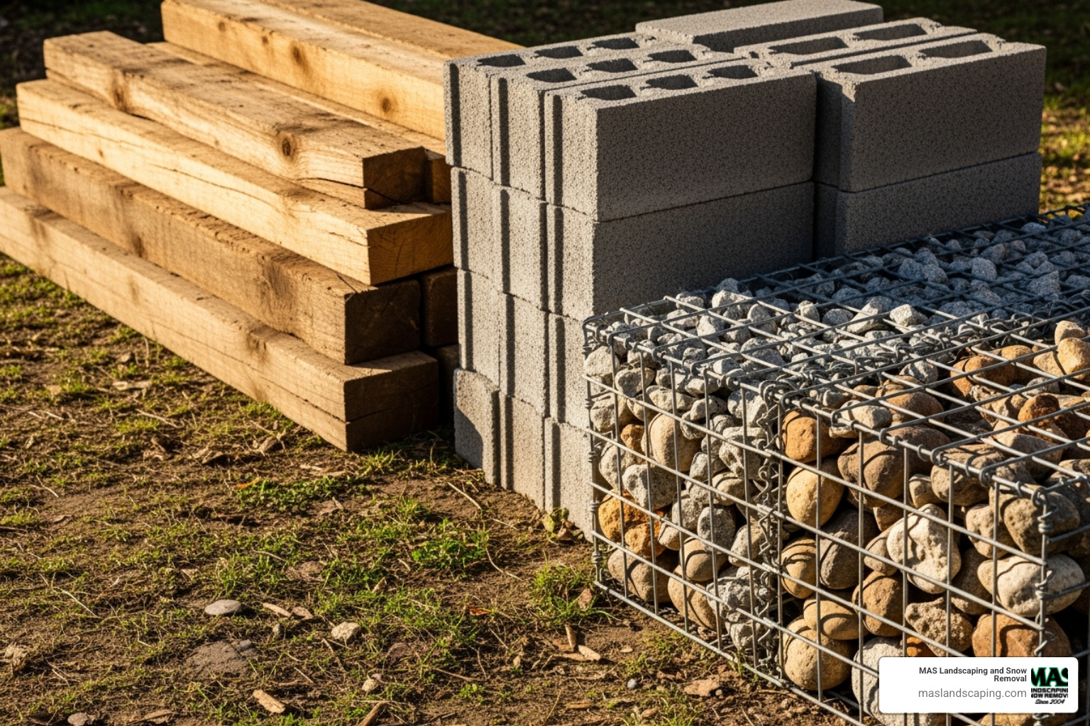 various affordable wall materials like wood timbers, concrete blocks, and gabion baskets laid out - Affordable garden walls