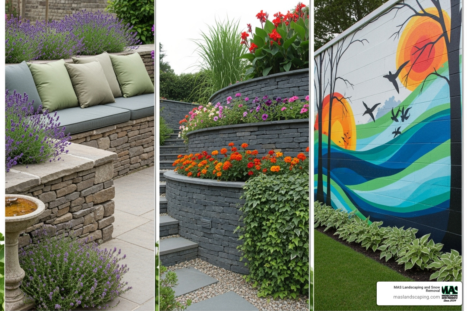 collage showcasing different creative wall ideas like a seating wall, a tiered garden, and a painted wall - Affordable garden walls