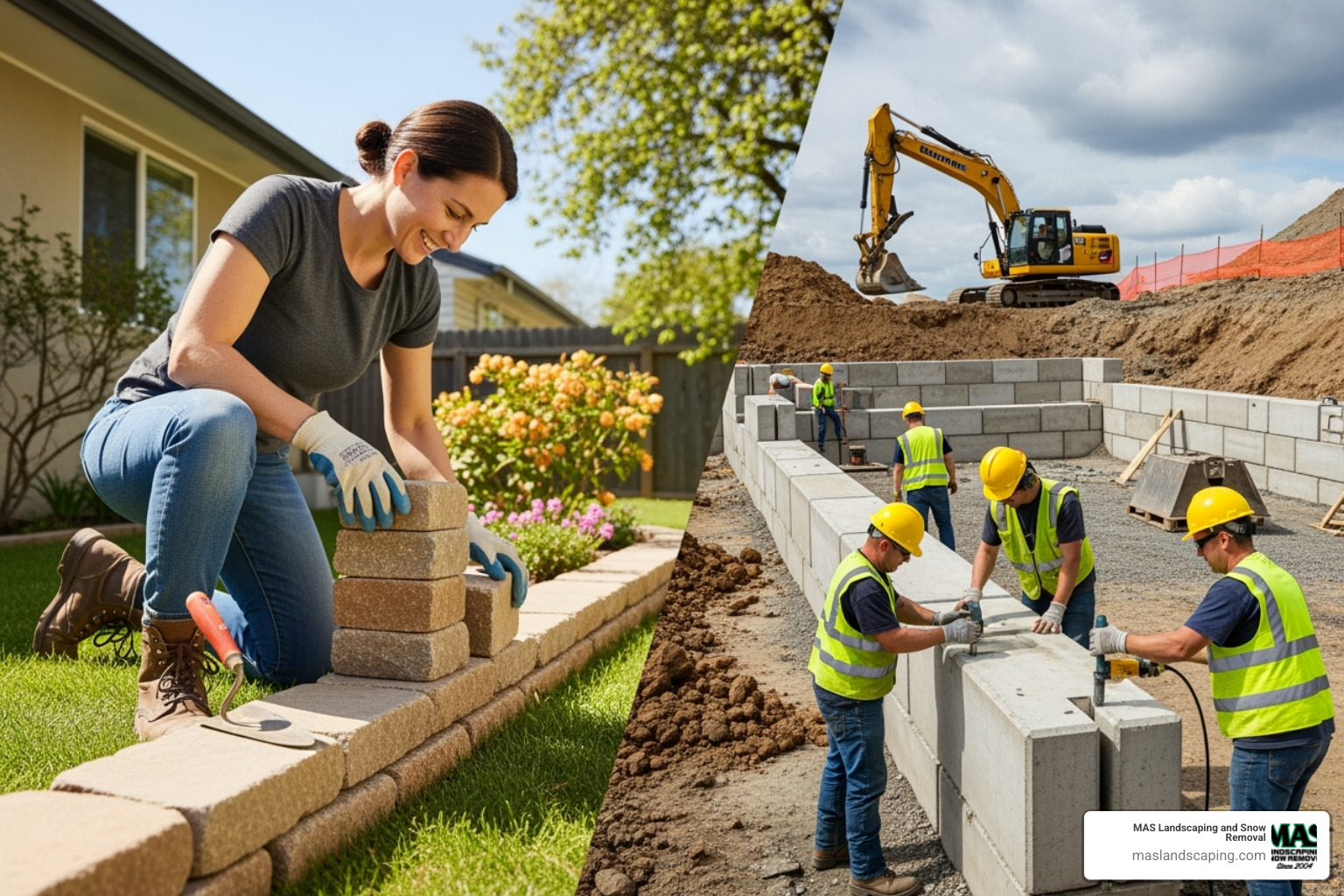 split screen of a person happily doing a small DIY wall and a professional crew working on a large, complex wall - Affordable garden walls