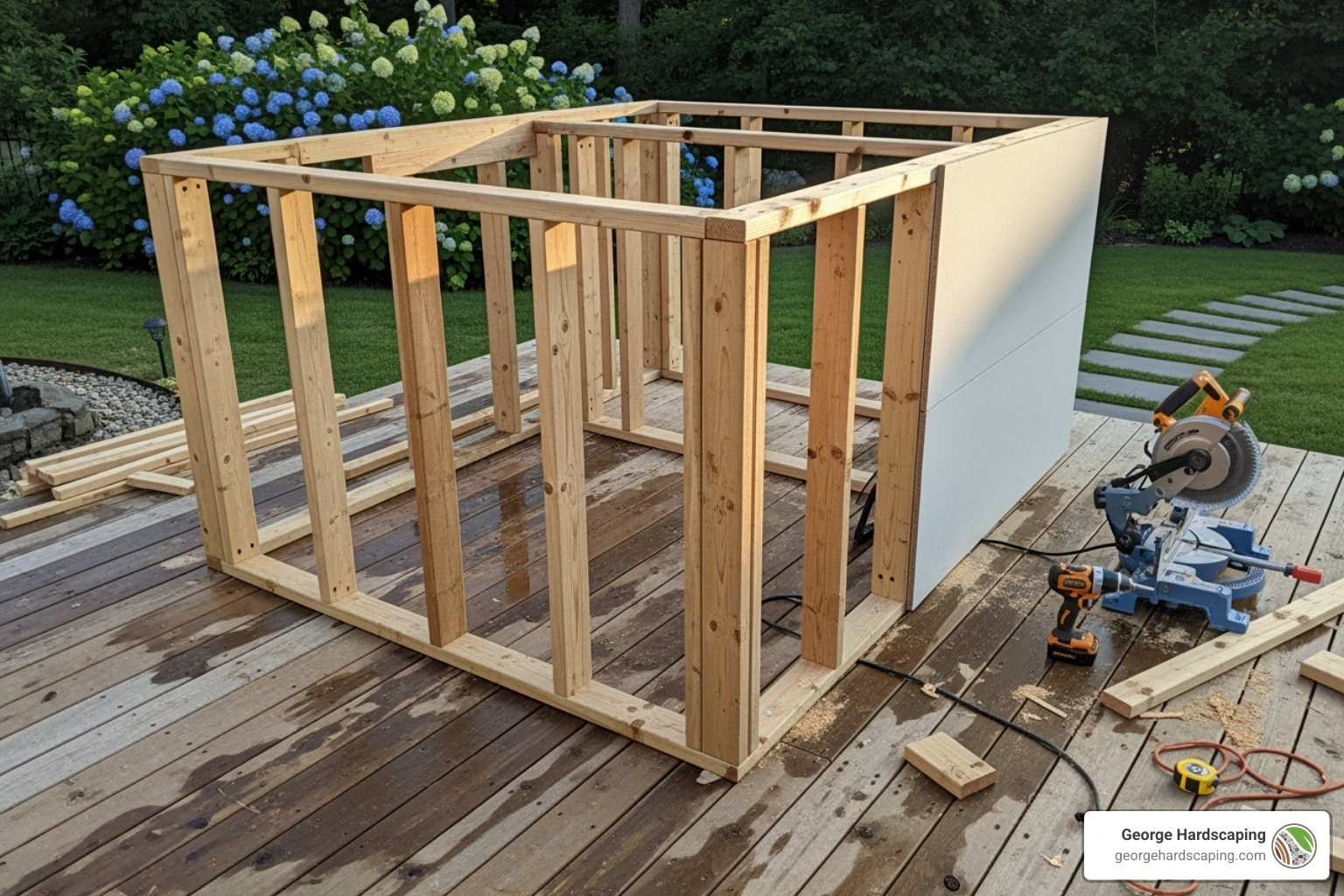 The framing for an outdoor kitchen island being built on a deck, showing the 2x4 structure - Outdoor kitchen and deck