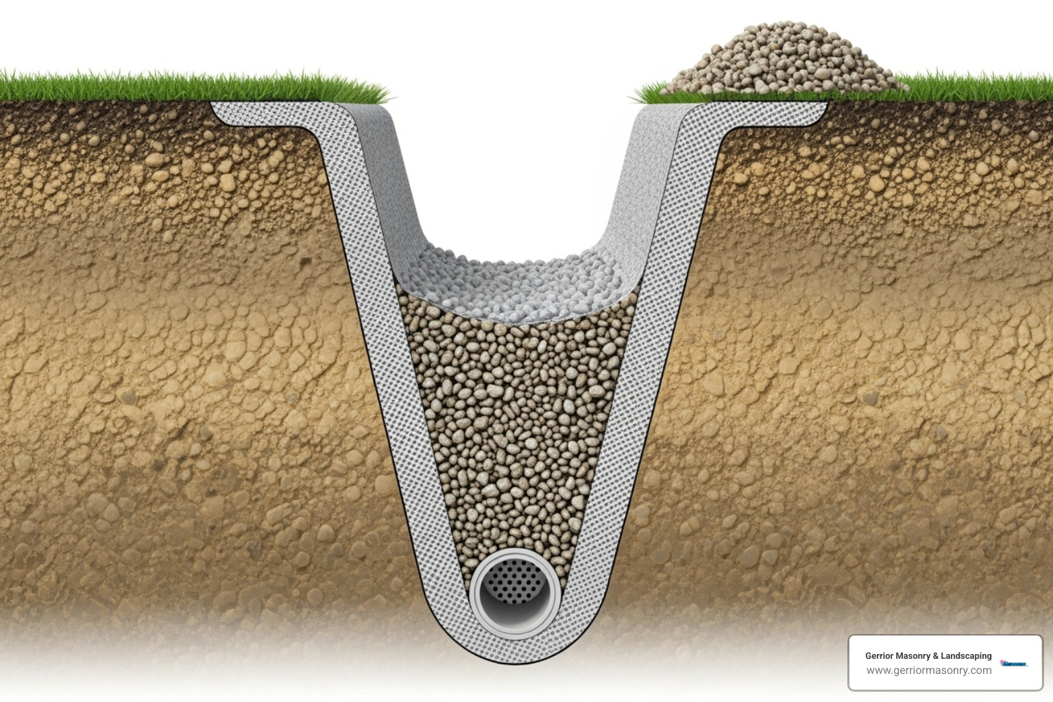 cross-section of a French drain system - Residential drainage solutions