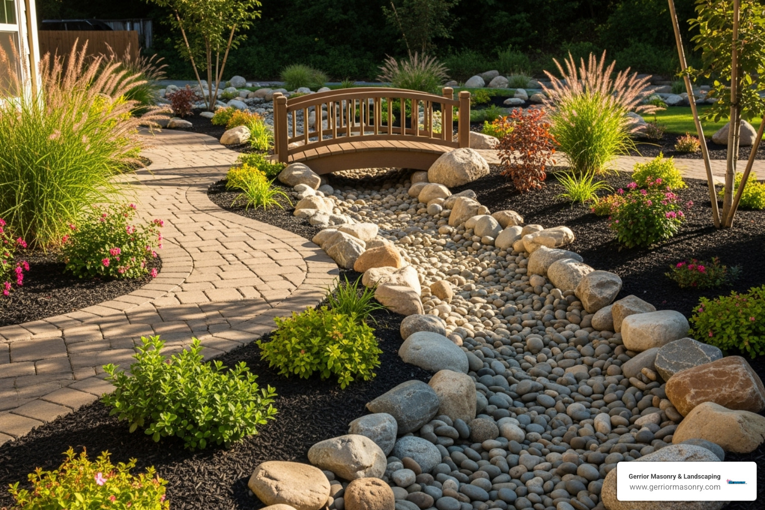 a beautifully landscaped yard featuring a dry creek bed and permeable pavers - Residential drainage solutions