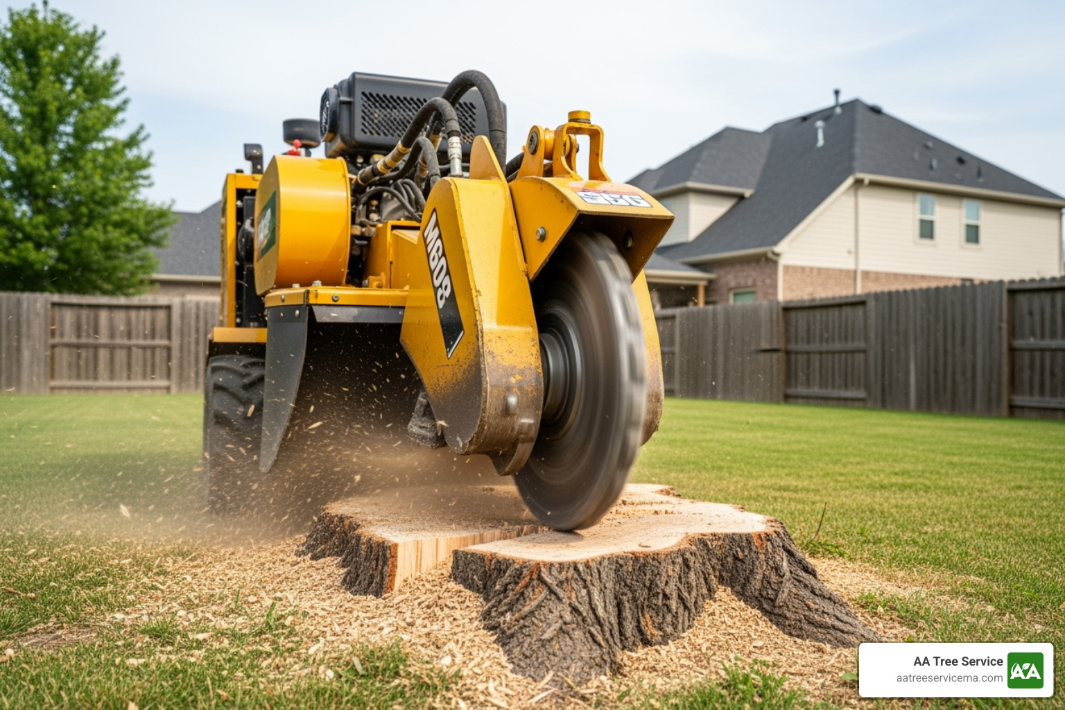 A professional arborist operating a large stump grinder - old stump removal