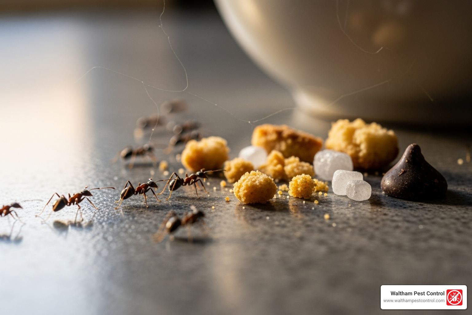 ants trailing towards spilled food crumbs - red ants in house