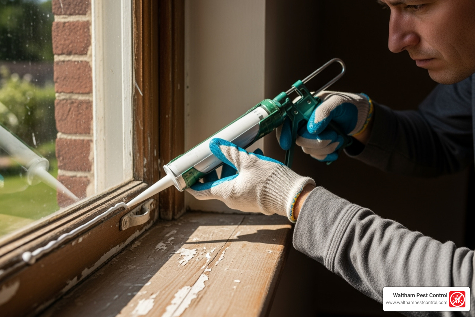 a person sealing a crack near a window - red ants in house